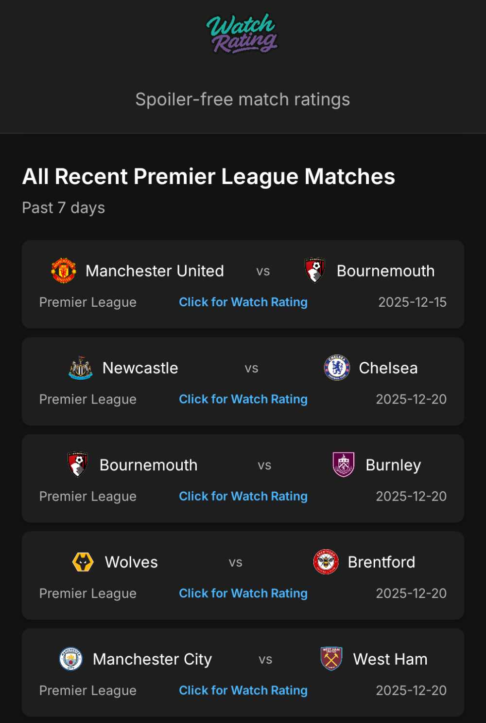Recent Matches Screen - All recent Premier League games