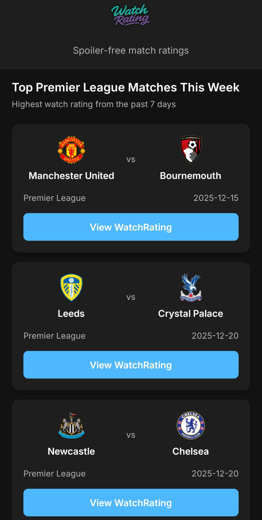 Top Matches Screen - Browse highest rated matches